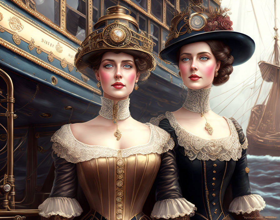 Victorian steampunk attire on two elegant women by old ship