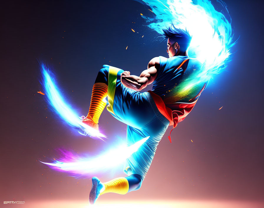 Illustration of animated character with high kick and blue flames