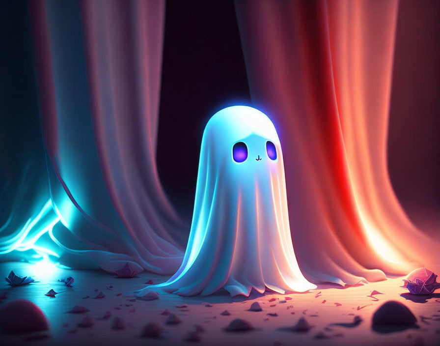 Cartoon-style ghost with big purple eyes in whimsical dark setting