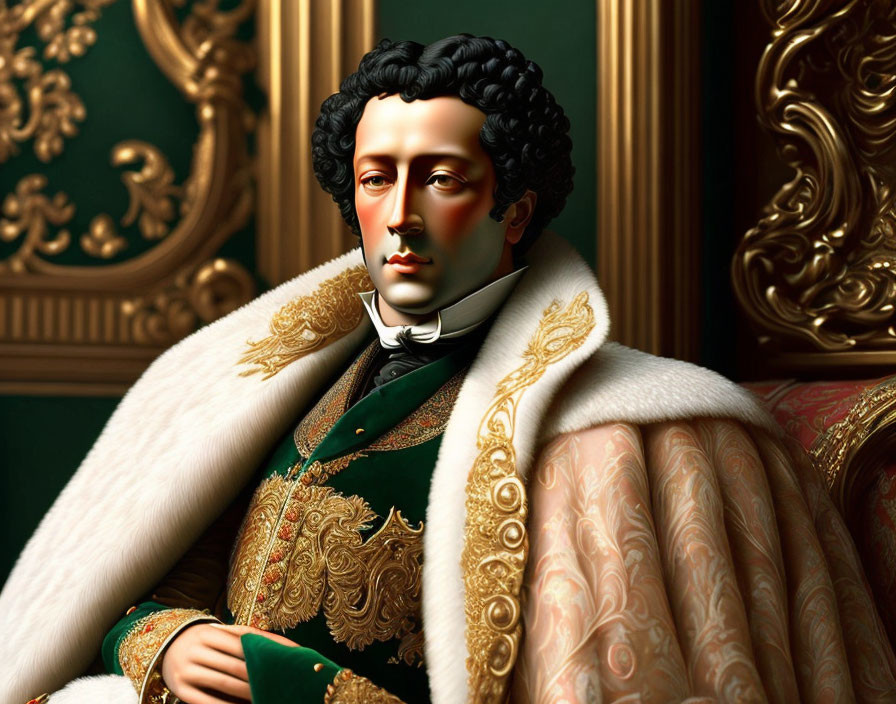 Regal man portrait in gold-patterned white cloak on green background