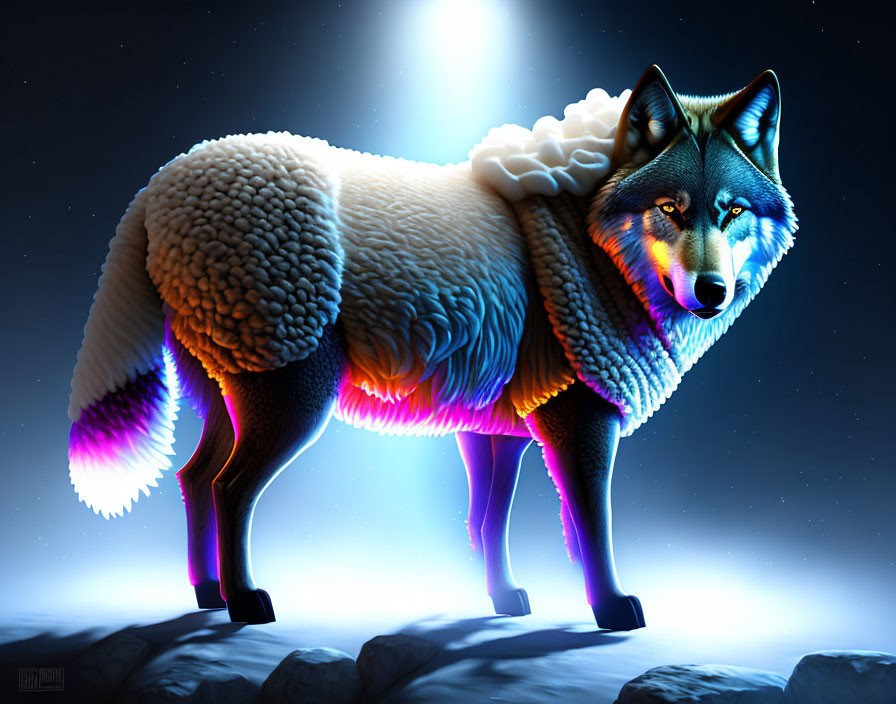 Hybrid animal digital art: wolf head, sheep body, colorful glowing edges, starry night sky