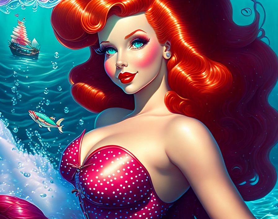 Red-Haired Mermaid Illustration with Polka-Dotted Top and Underwater Scene