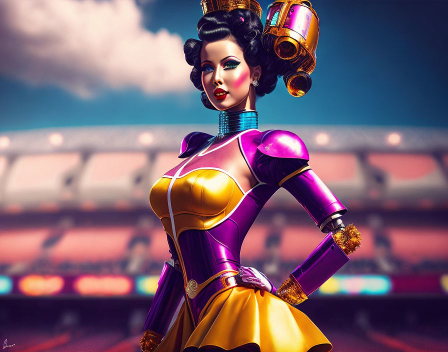 Futuristic 3D woman in purple and gold costume with rocket engines on back against cloudy sky