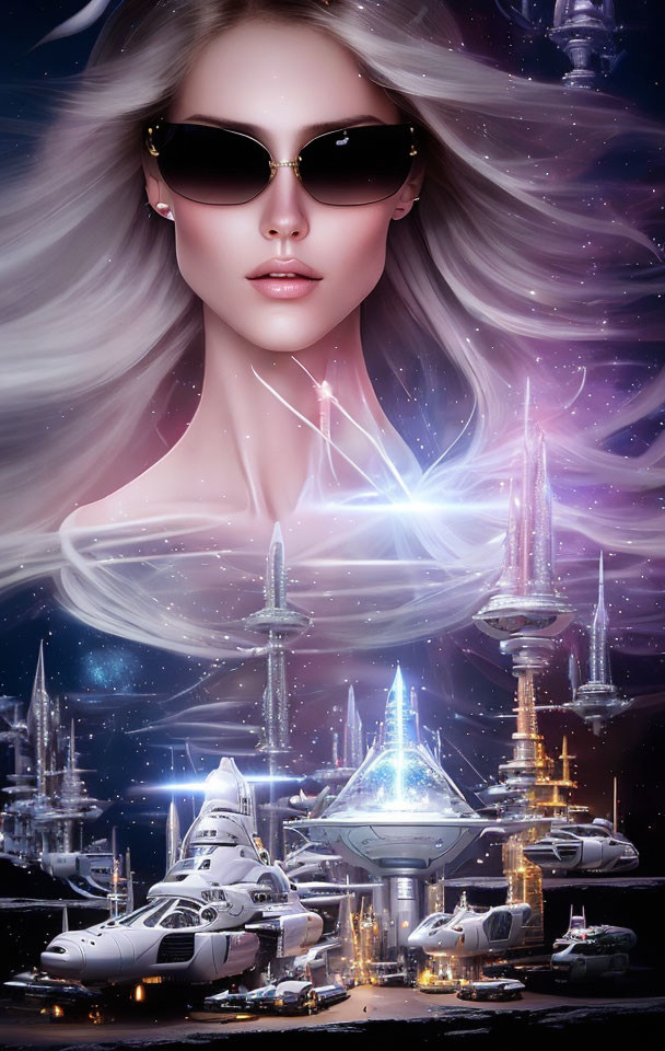 Stylized woman with flowing hair in sunglasses over futuristic cityscape