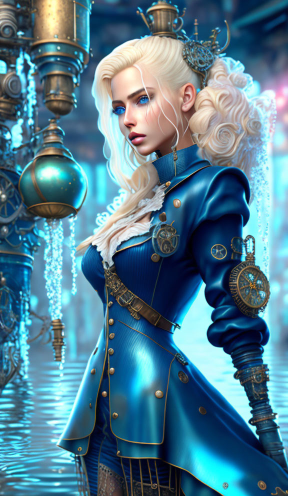 Digital artwork: Woman with blue eyes and blonde hair in steampunk outfit against industrial backdrop