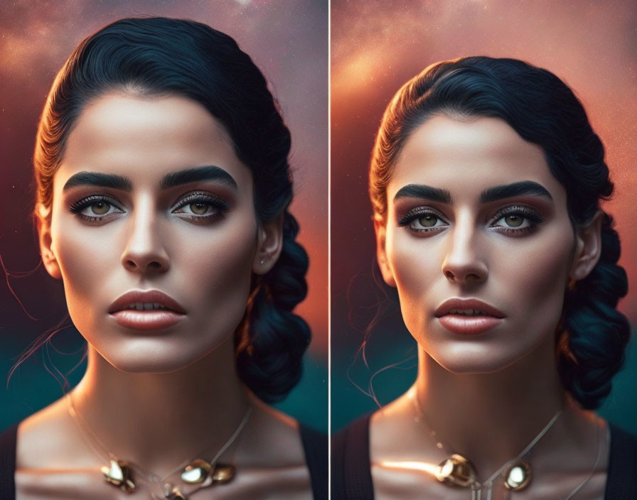 Portrait of woman with braided dark hair, makeup, and gold necklace on bokeh background