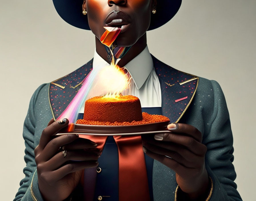 Person in stylish suit serves prism-topped cake emitting colorful light spectrum