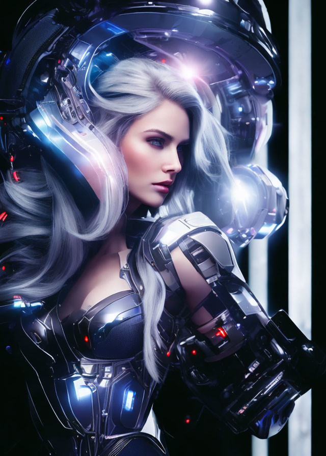 Silver-haired woman in futuristic robotic suit with high-tech helmet