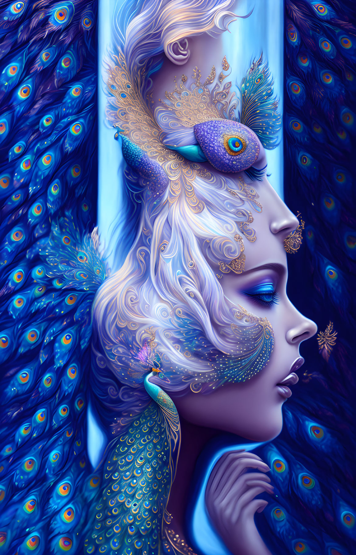 Illustration: Woman with Peacock Features and Feathered Hair Surround by Peacock Feathers