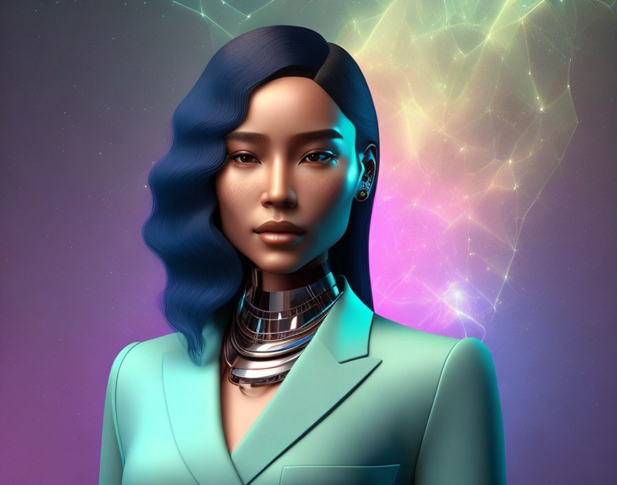 Blue-haired woman in futuristic attire on cosmic backdrop