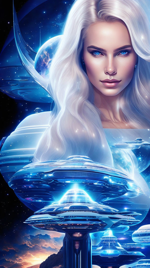 Digital artwork: Woman with blue eyes and white hair in cosmic setting.