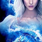 Digital artwork: Woman with blue eyes and white hair in cosmic setting.