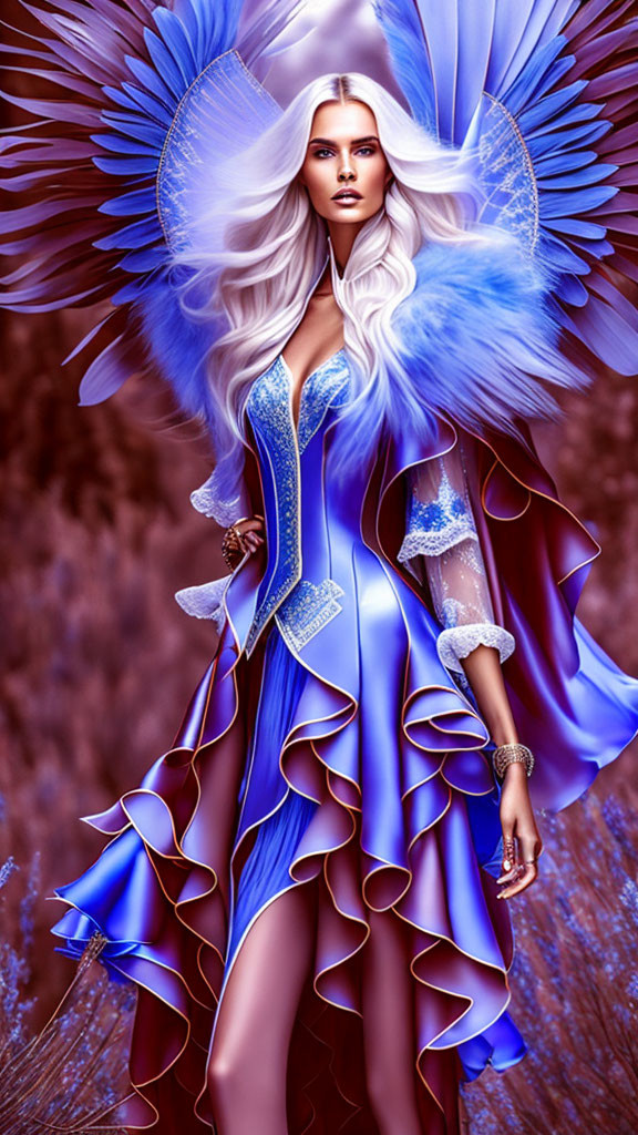 Illustrated female figure with white hair, blue wings, in blue and white dress on purple backdrop