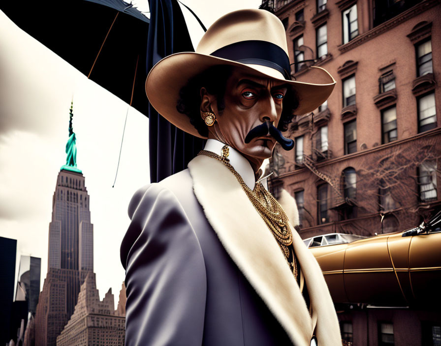 Stylized illustration of man in beige suit with mustache, gold jewelry, and umbrella, with