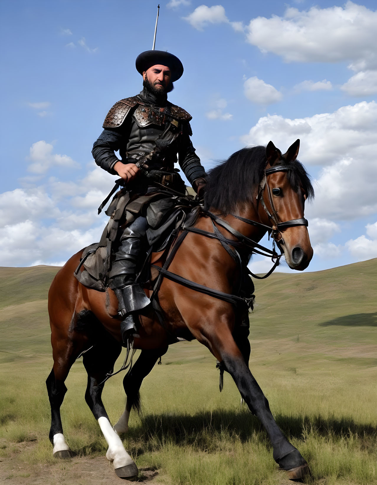 Person in historical armor riding brown horse in front of rolling hills and cloudy sky