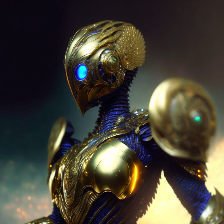 Gold and Blue Ornate Robot with Intricate Detailing and Glowing Eyes