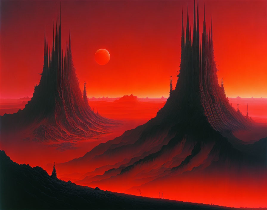 Surreal red landscape with spire-like mountains under crimson sky