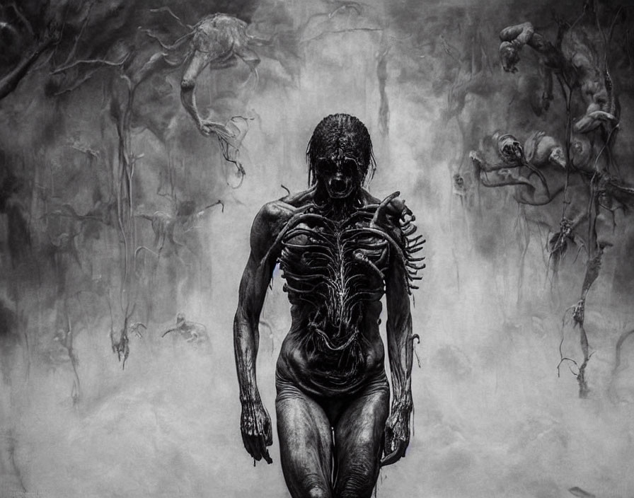 Monochrome artistic rendering of humanoid figure with exposed skeletal structures amid eerie distorted backdrop