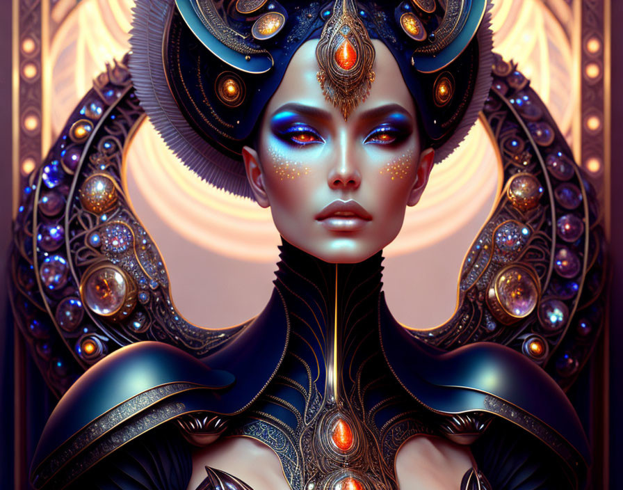 Fantasy digital artwork of a woman in ornate armor and headdress