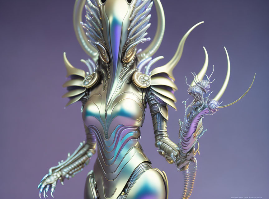 Intricate digitally created figure with metallic armor-like detailing and iridescent blues and golds