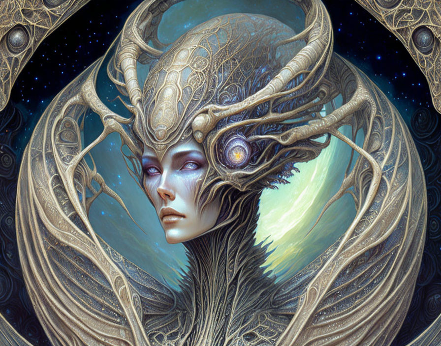 Intricate antler-like headgear and luminous eyes in a mystical fantasy portrait