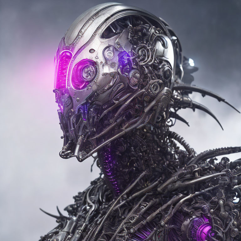 Detailed Mechanical Head with Intricate Metallic Parts and Purple Glowing Elements