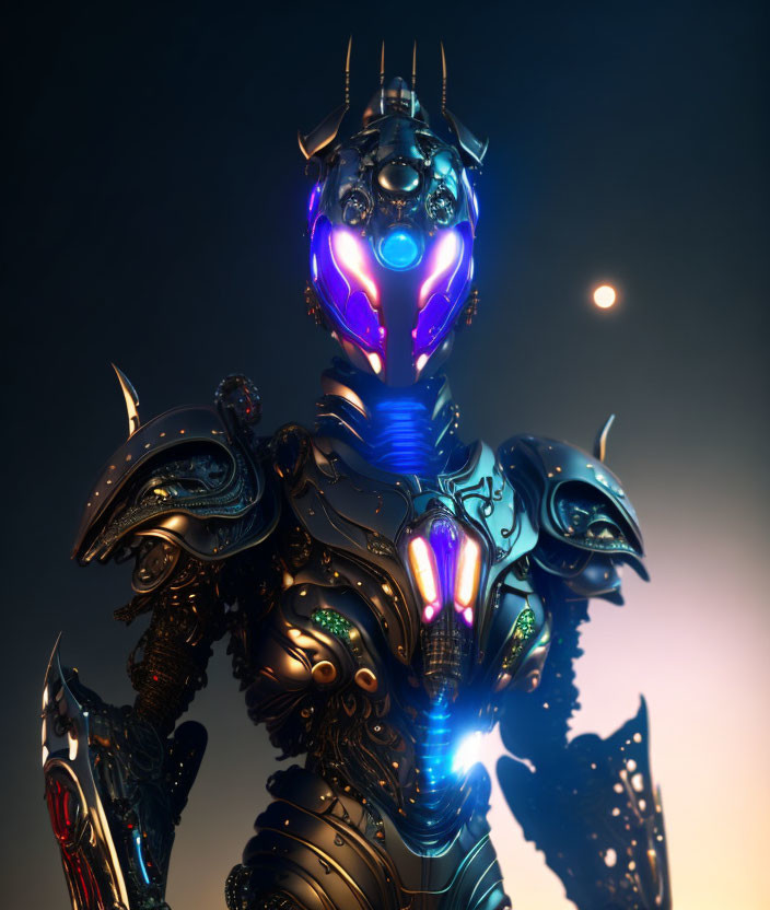 Futuristic warrior robot in ornate black and gold armor with glowing blue and pink lights on dark