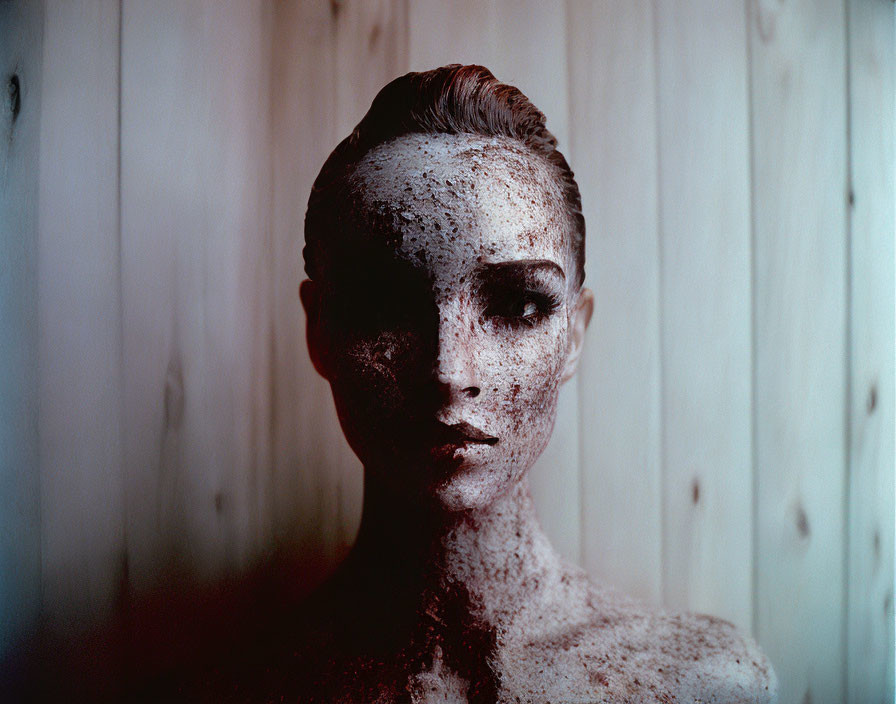 Person covered in dust against wooden panel background