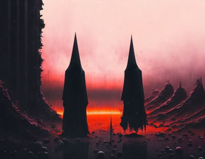 Surreal landscape with spire-like structures under crimson sky and scattered spheres on shadowy terrain