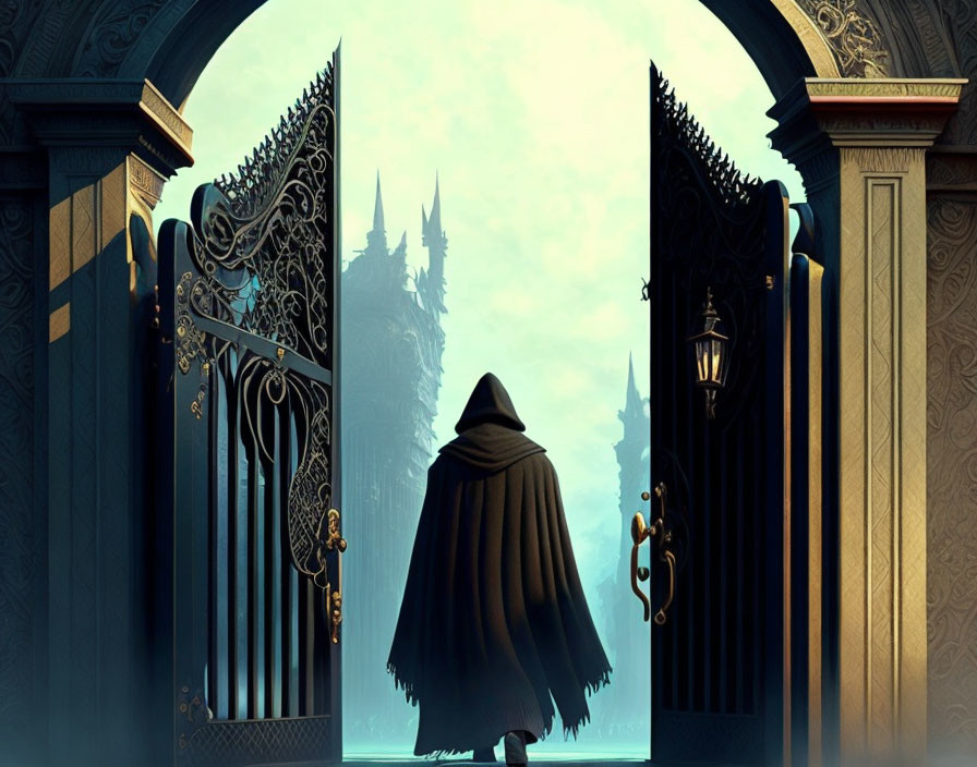 Cloaked figure at ornate gate of castle under twilight sky