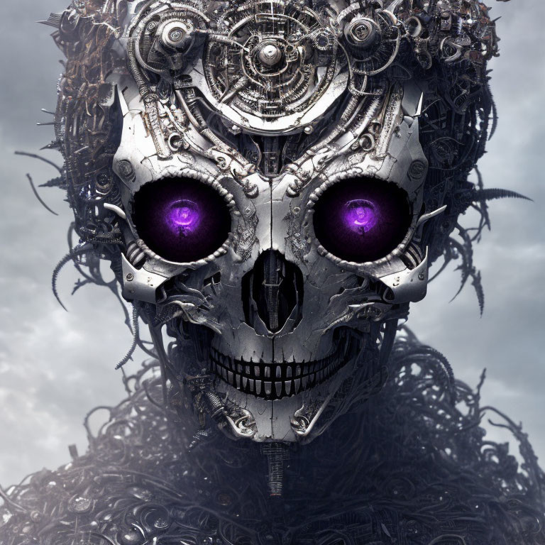 Detailed Robot with Skull-like Face and Glowing Purple Eyes on Cloudy Sky Background