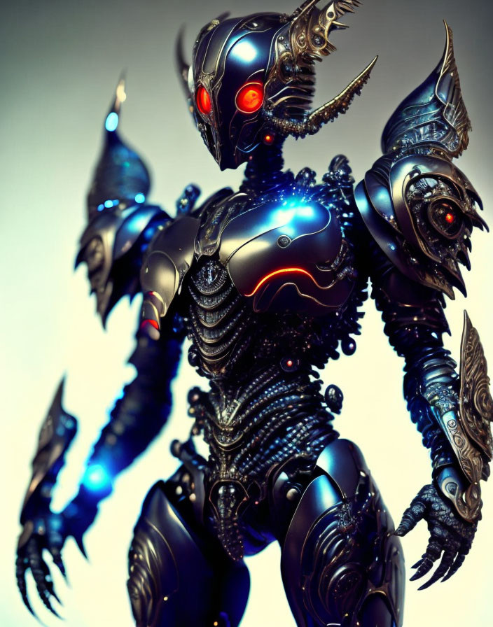 Detailed Robotic Figure with Glowing Red Eyes and Blue Energy Accents