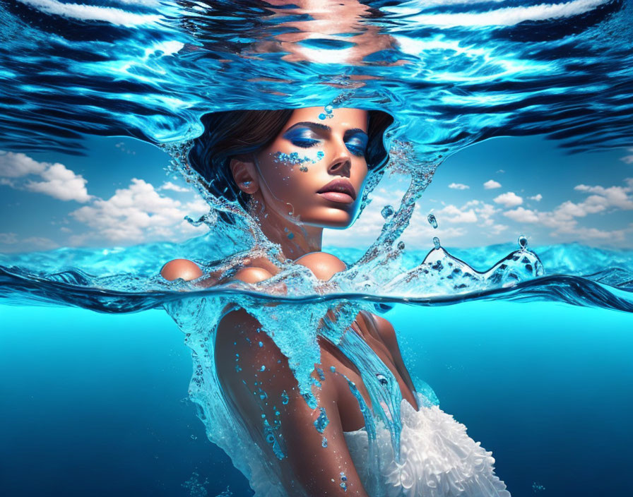 Woman with Striking Blue Makeup Submerged in Clear Water