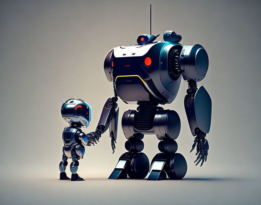 Futuristic dome-headed robot holding hands with smaller robot