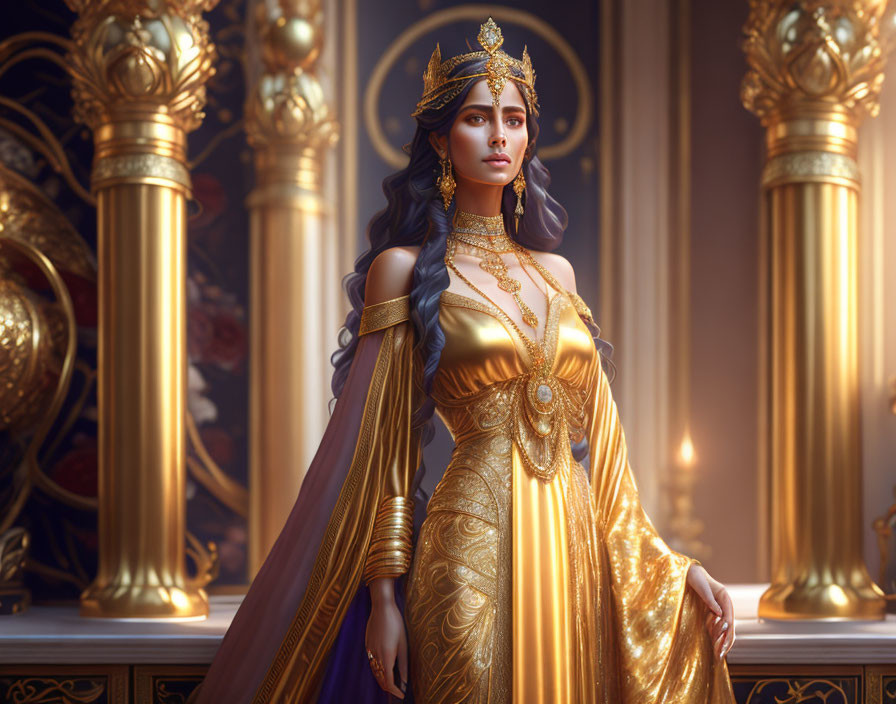 Regal woman in golden dress and crown in luxurious hall