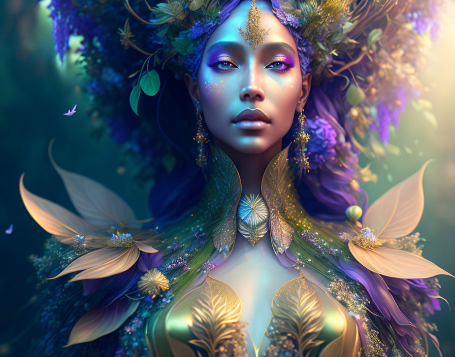 Mystical female figure with floral crown and butterfly wings in magical setting