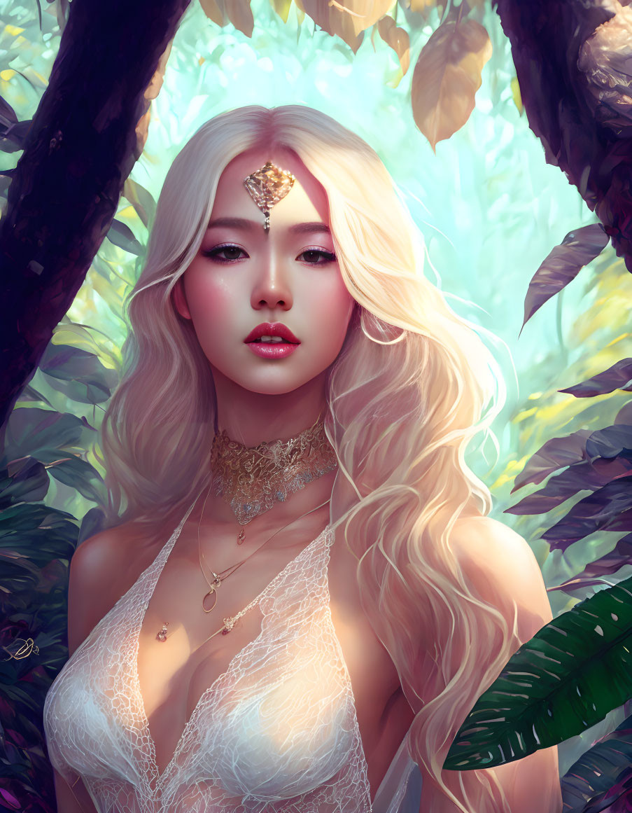 Blonde woman with ornate headpiece in lush greenery.