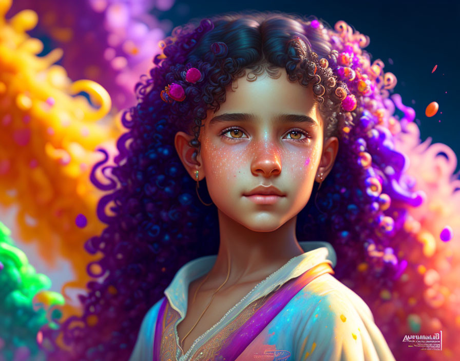 Colorful Flower-Adorned Young Girl Portrait with Wavy Hair