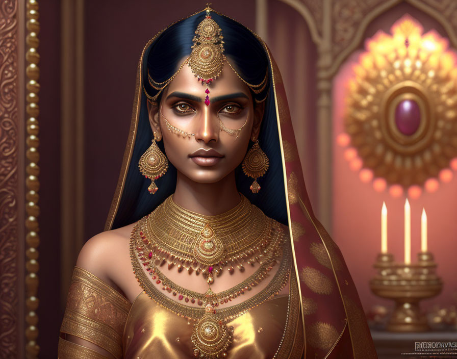 Traditional Indian bridal attire with intricate gold jewelry depicted in illustration