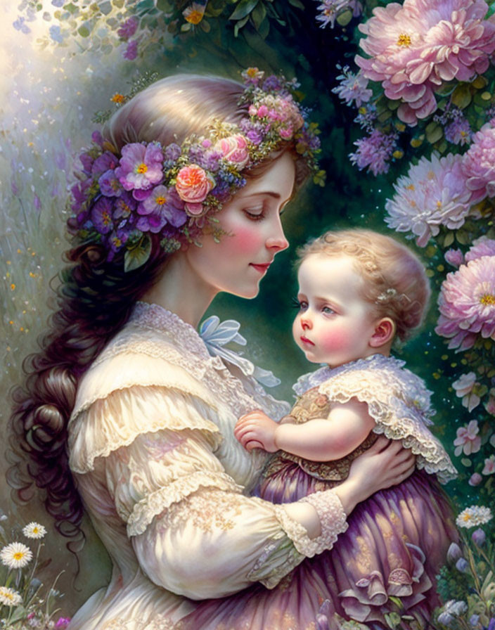 Mother holding baby with flower wreath in lush floral setting