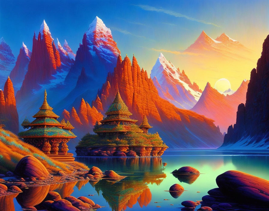 Snow-capped mountain peaks and pagoda-style structures by a serene lake at sunset