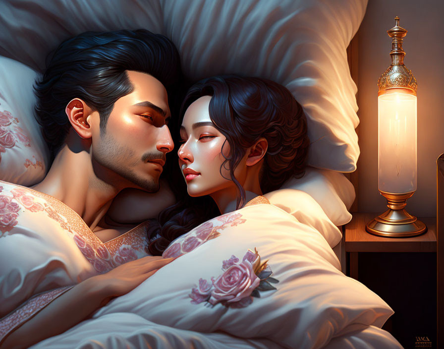 Illustration of couple sleeping in embrace on bed with soft bedside lamp lighting