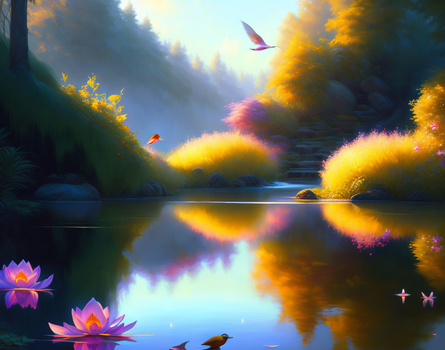 Tranquil digital art scene of misty forest, pond, water lilies, and colorful birds