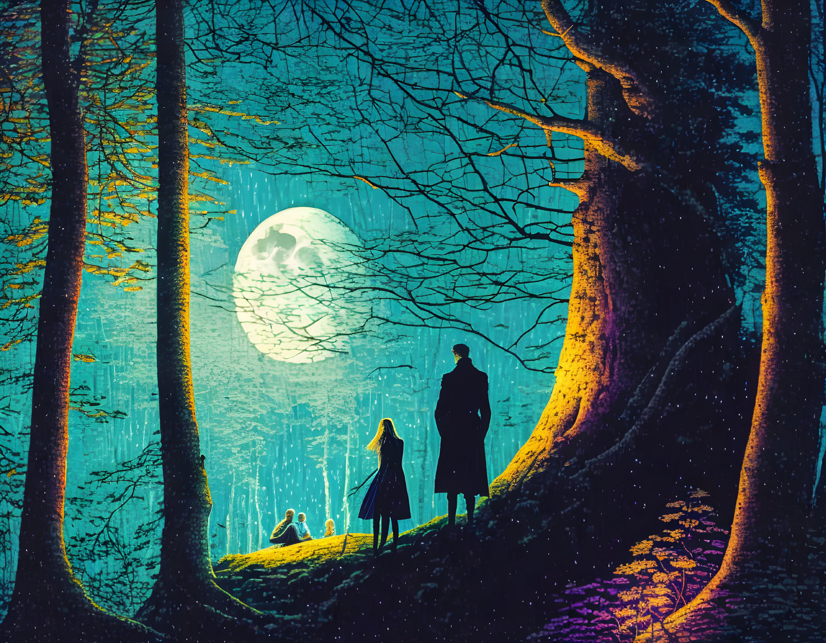 Man, woman, and dog in mystical forest under full moon glow