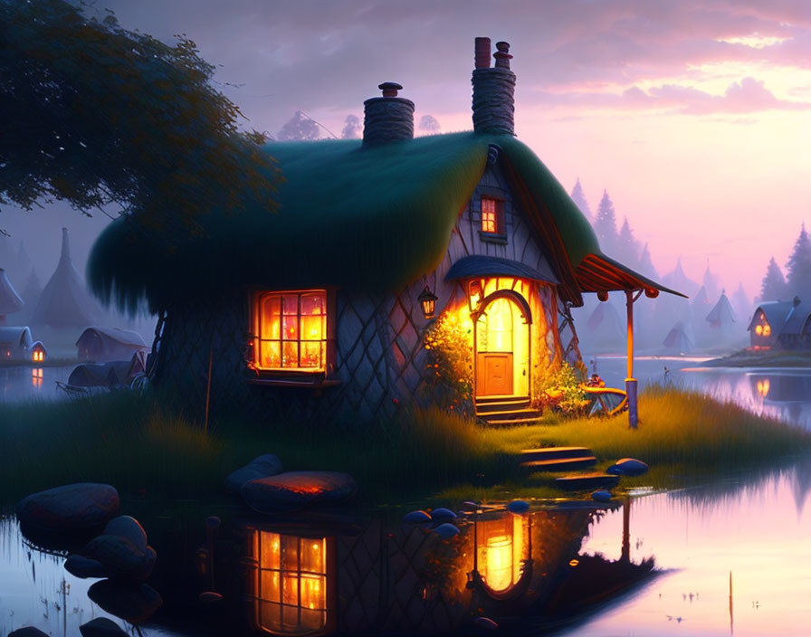 Thatched-Roof Cottage by Serene Lake at Dusk