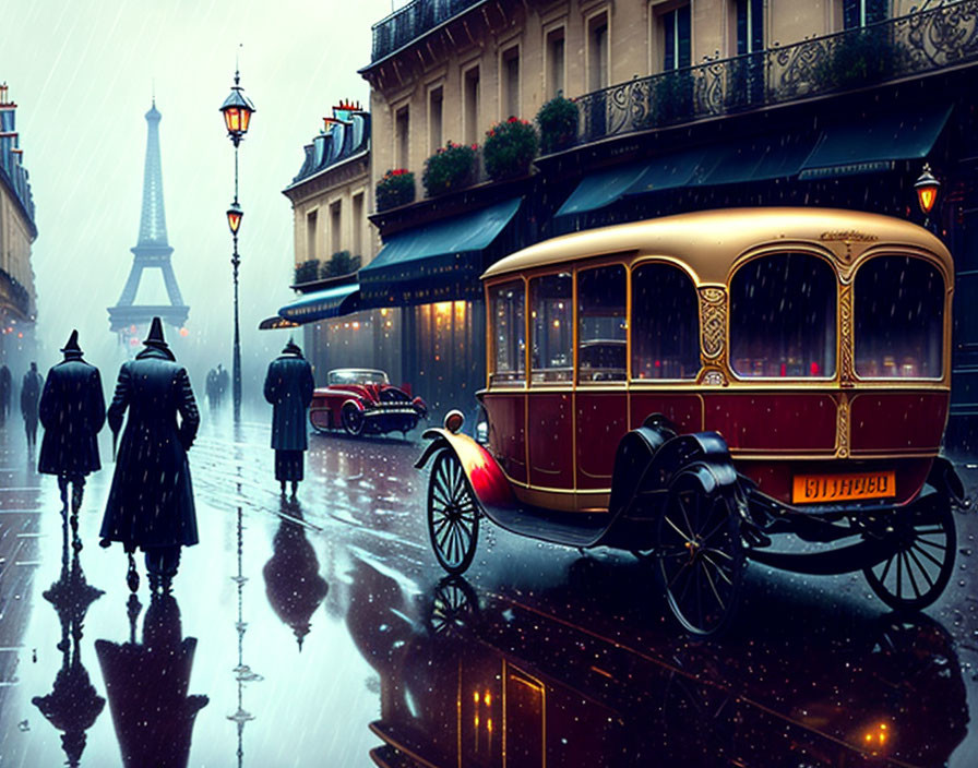 Vintage-style car and pedestrians on rainy Paris street with Eiffel Tower.