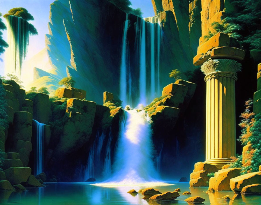 Tranquil waterfall painting with lush greenery and classical column