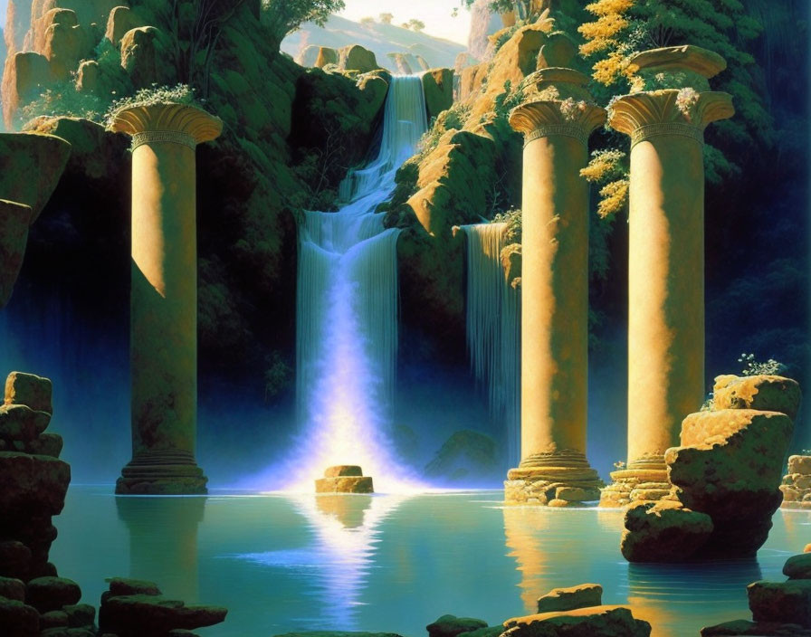 Ancient stone columns by serene lake with waterfall in mystical forest