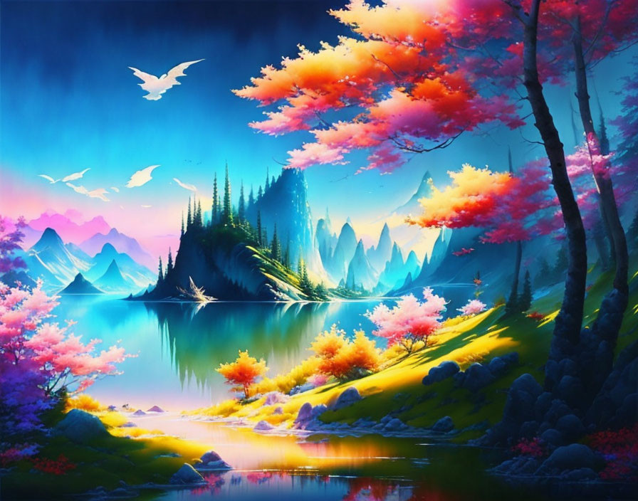 Colorful Trees, Serene Lake, Birds, Mountains in Vibrant Fantasy Landscape