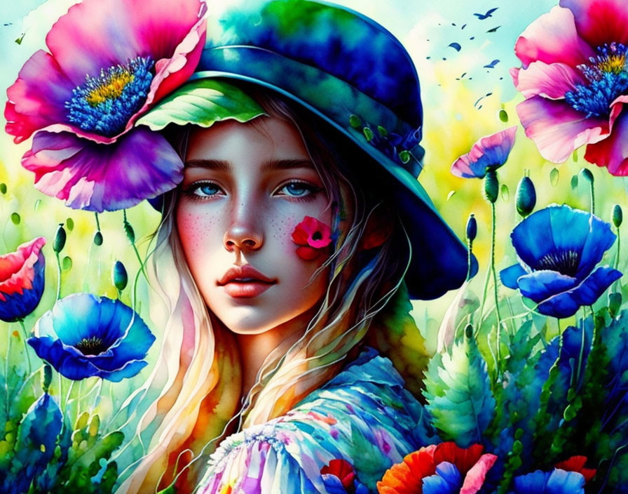 Colorful illustration: Young woman with blue eyes in vibrant hat among lush flowers